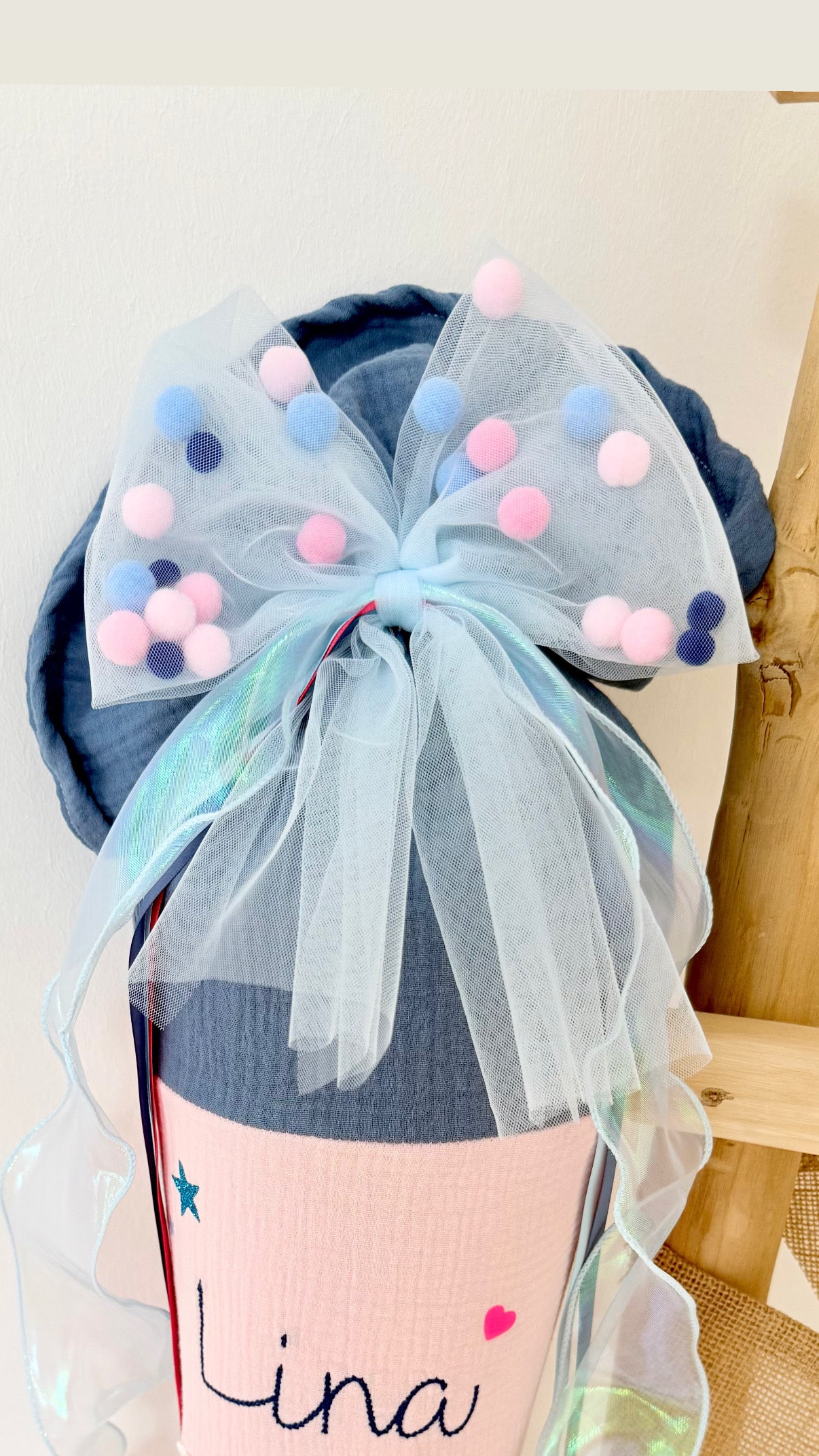 Blau/Rosa Tüllschleife - Pompon Schleife für Schultüte (70 cm), Kita- & Geschwistertüten (35 cm)