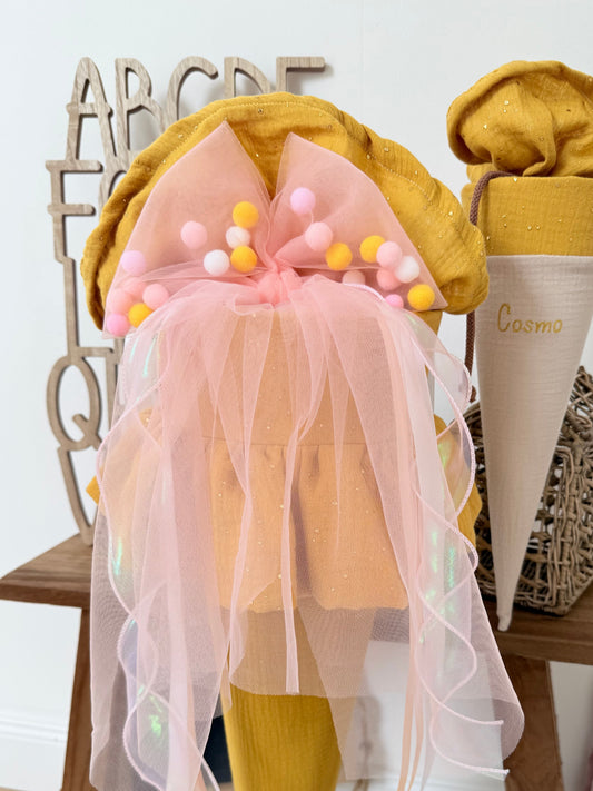 Pompon-Tüllschleife Pfirsich für Schultüten ab 70 cm & 35 cm, Schleife für Schultüten Kita- und Geschwistertüten