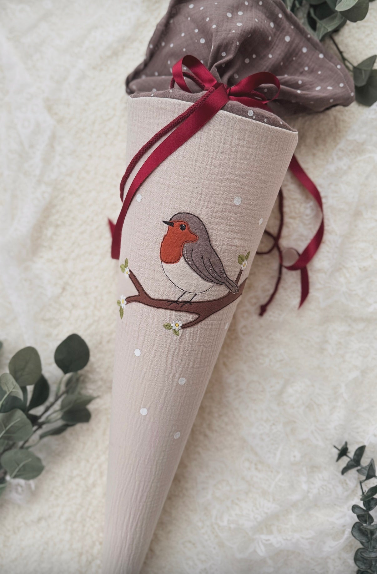 Musselin Schultüte Vogel Motiv Rotkehlchen für Mädchen , personalisierte Schultüte aus Stoff inkl. Kisseninlett