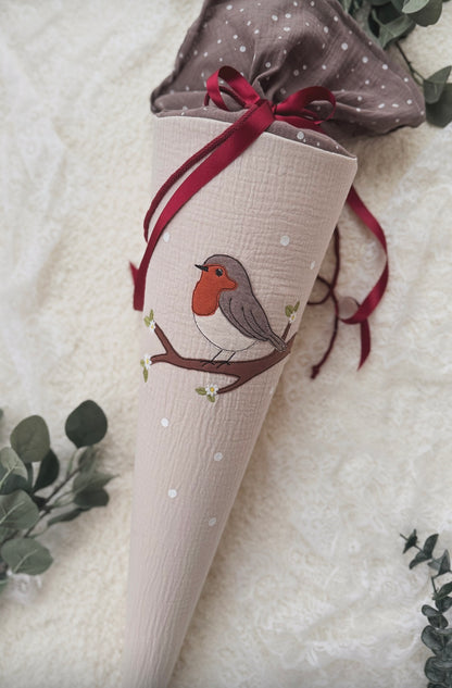 Musselin Schultüte Vogel Motiv Rotkehlchen für Mädchen , personalisierte Schultüte aus Stoff inkl. Kisseninlett