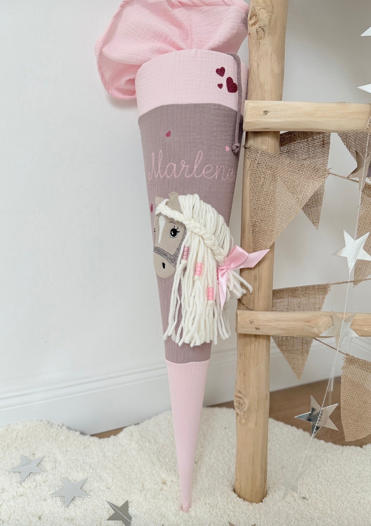 Musselin Schultüte für Mädchen mit Pferd | Haflinger – personalisiert inkl. Rohling optional mit Inlett Kissen | Schultüte aus Stoff