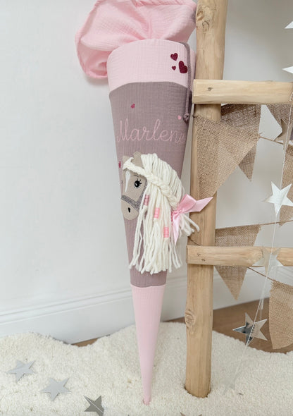 Musselin Schultüte für Mädchen mit Pferd | Haflinger – personalisiert inkl. Rohling optional mit Inlett Kissen | Schultüte aus Stoff
