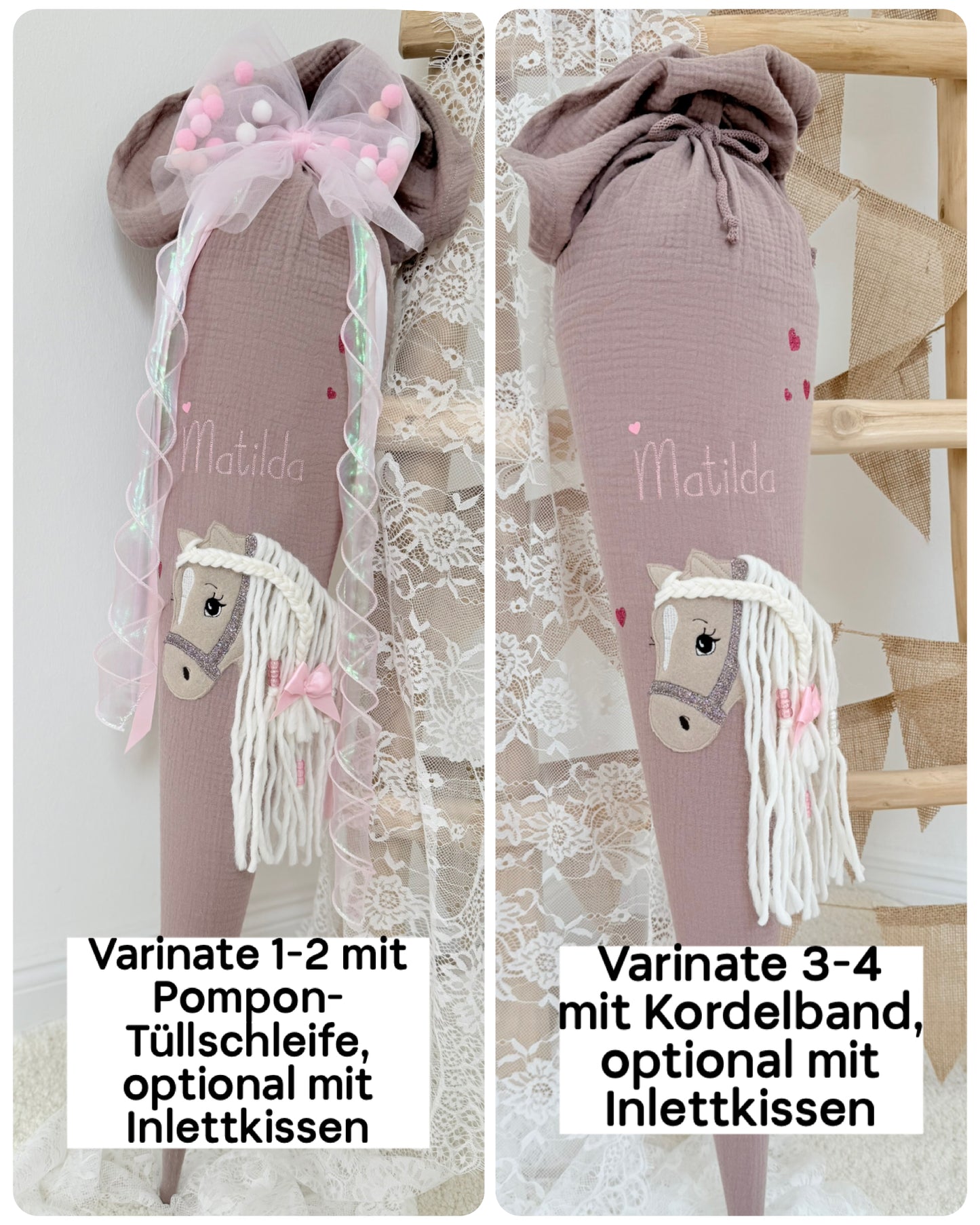Musselin Schultüte 70 cm für Mädchen mit Pferd | Haflinger – personalisiert inkl. Rohling optional mit Inlett Kissen, Pompon-Tüllschleife | Schultüte aus Stoff