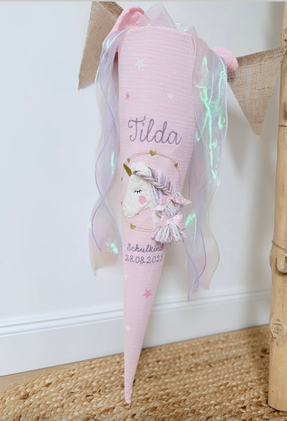Musselin Schultüte für Mädchen Wuschelkopf Einhorn  – personalisiert inkl. Rohling optional mit Inlett Kissen | Schultüte aus Stoff