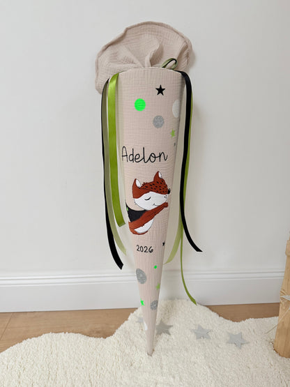 Musselin Schultüte 70 cm | Superhelden schlauer Fuchs | Kissen Inlett
