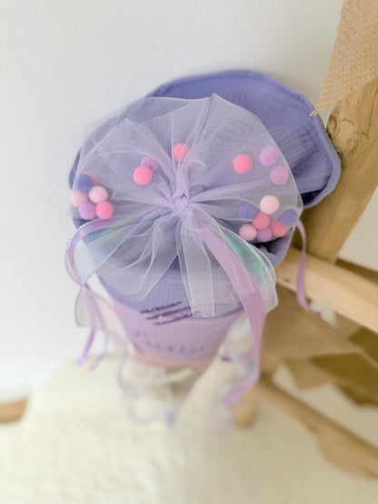 Lila/Rosa Tüllschleife - Pompon Schleife für Schultüte (70 cm), Kita- & Geschwistertüten (35 cm)