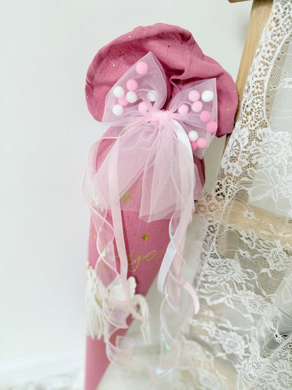 Pompon-Tüllschleife, Rosa mit Holoband, Schleife passend für Schultüten ab 70 cm, Kita- & Geschwistertüten ab 35 cm