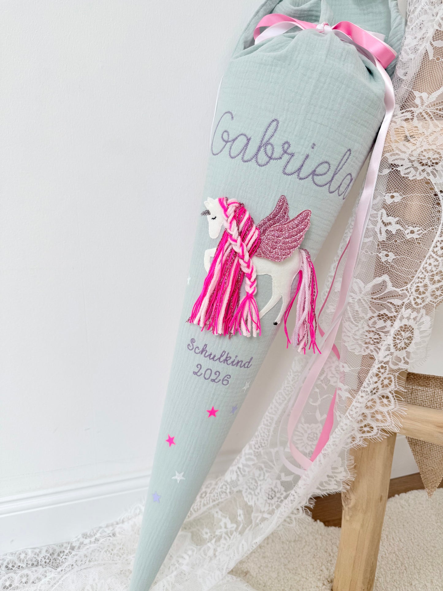 Musselin Schultüte 70 cm & Kita/Geschwistertüte 35 cm | Einhorn mit Flügeln | Pegasus mit Pinker Mähne Rose glitzernd | Kissen Inlett
