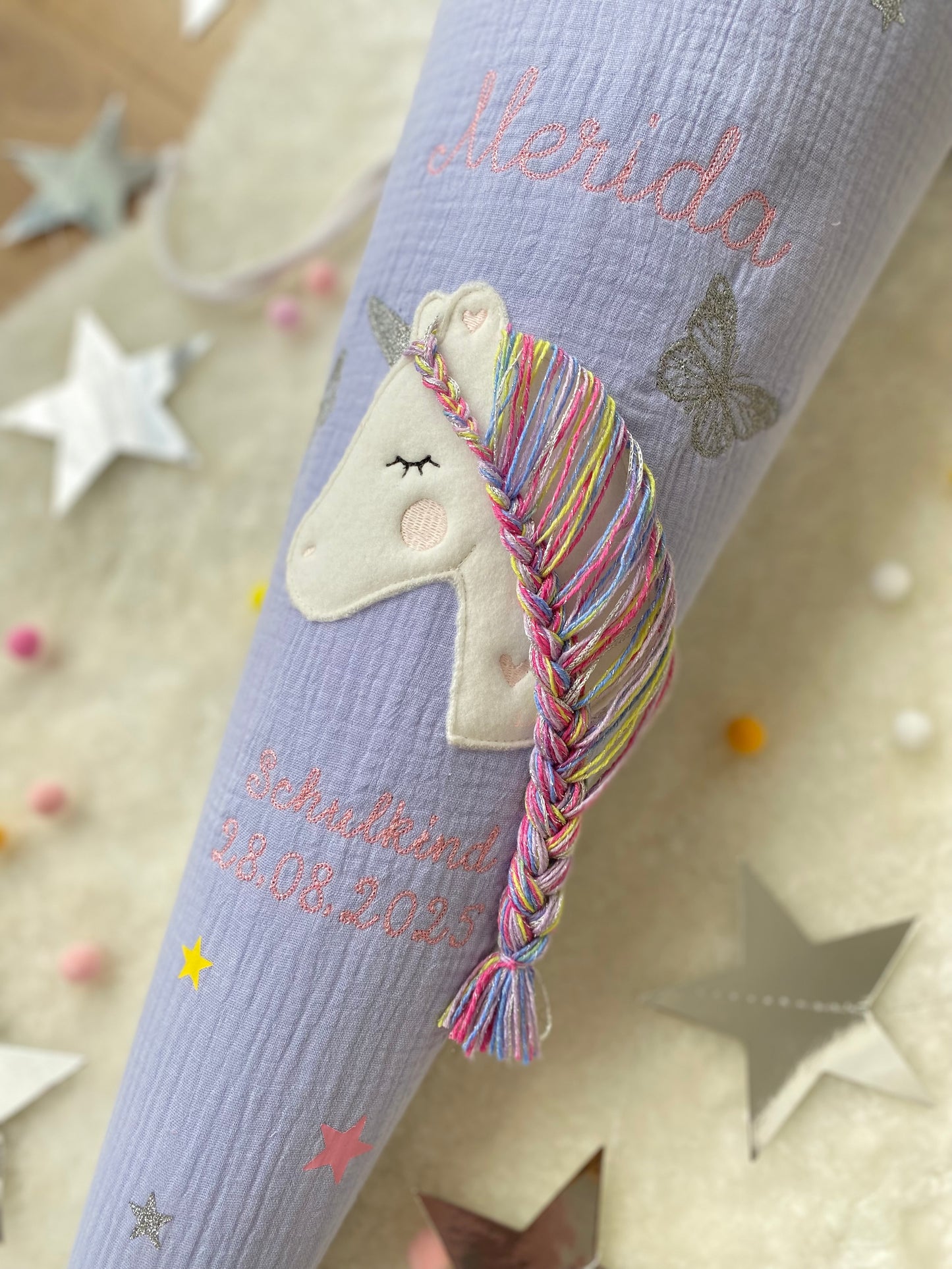 Musselin Schultüte 70 cm | Soft Dezent Pastel | Einhorn Glitzer Regenbogen Mähne | Kissen Inlett
