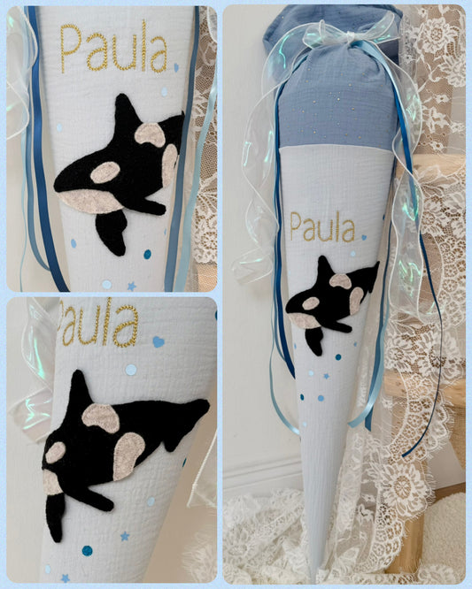 Musselin Schultüte 70 cm, – personalisiert inkl. Rohling optional mit Inlett Kissen | Schultüte aus Stoff