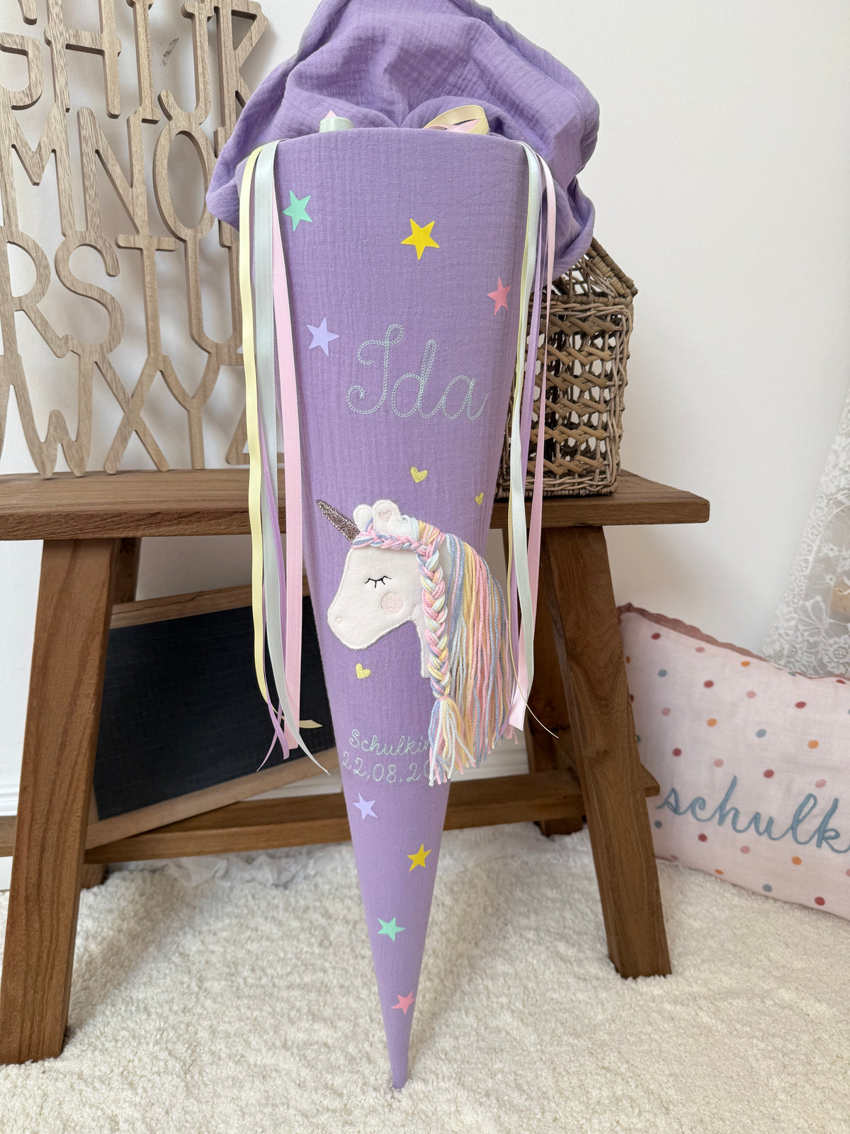Dein Design Musselin Schultüte 70 cm Einhorn, personalisiert- optional mit Kissen