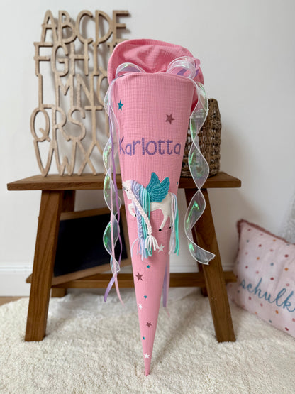 Dein Design | Musselin Schultüte Pegasus 70 cm & Geschwistertüte 35 cm zum selber gestalten | Einhorn mit Flügeln, optional mit Inlettkissen