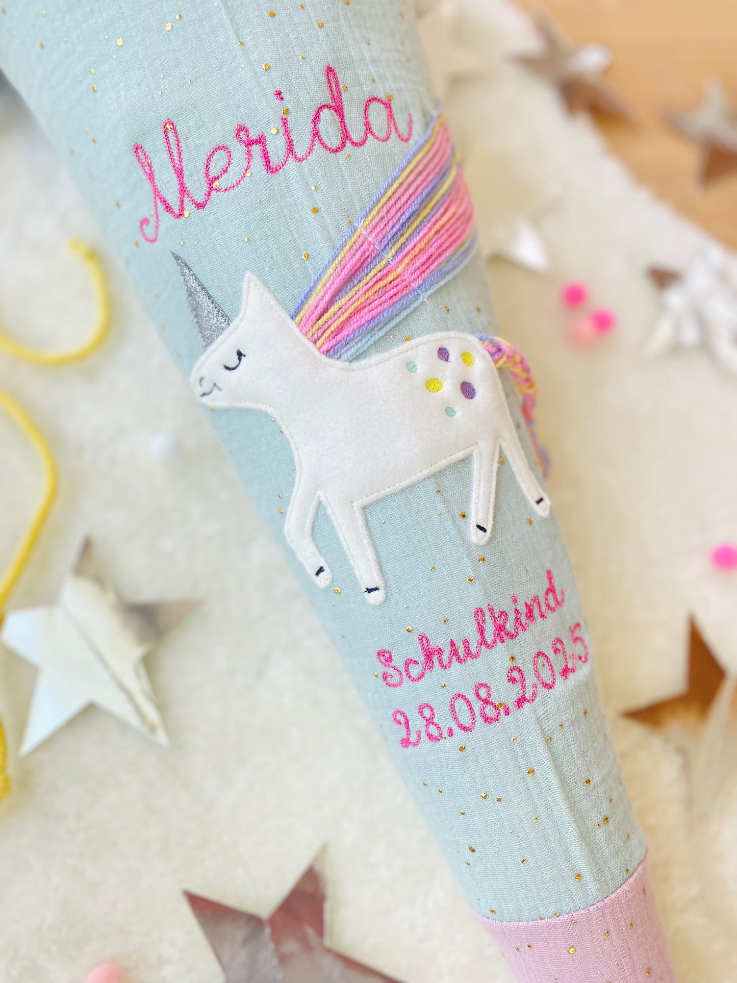 Musselin Schultüte | Einhorn Regenbogenmähne 70 cm | Kissen Inlett