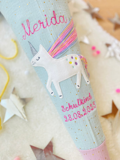 Musselin Schultüte | Einhorn Regenbogenmähne 70 cm | Kissen Inlett
