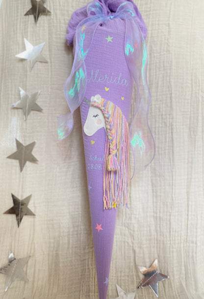 Musselin Schultüte 70 cm | Einhorn Regenbogenmähne | Hologramm Schleifenband | Kissen Inlett