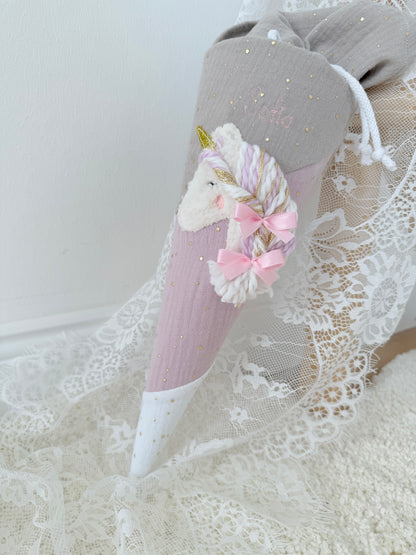 Musselin Kita- & Geschwistertüte 35 cm, Bonbon Design mit Wuschelkopf-Einhorn, goldenen Punkten, optional mit Inlettkissen