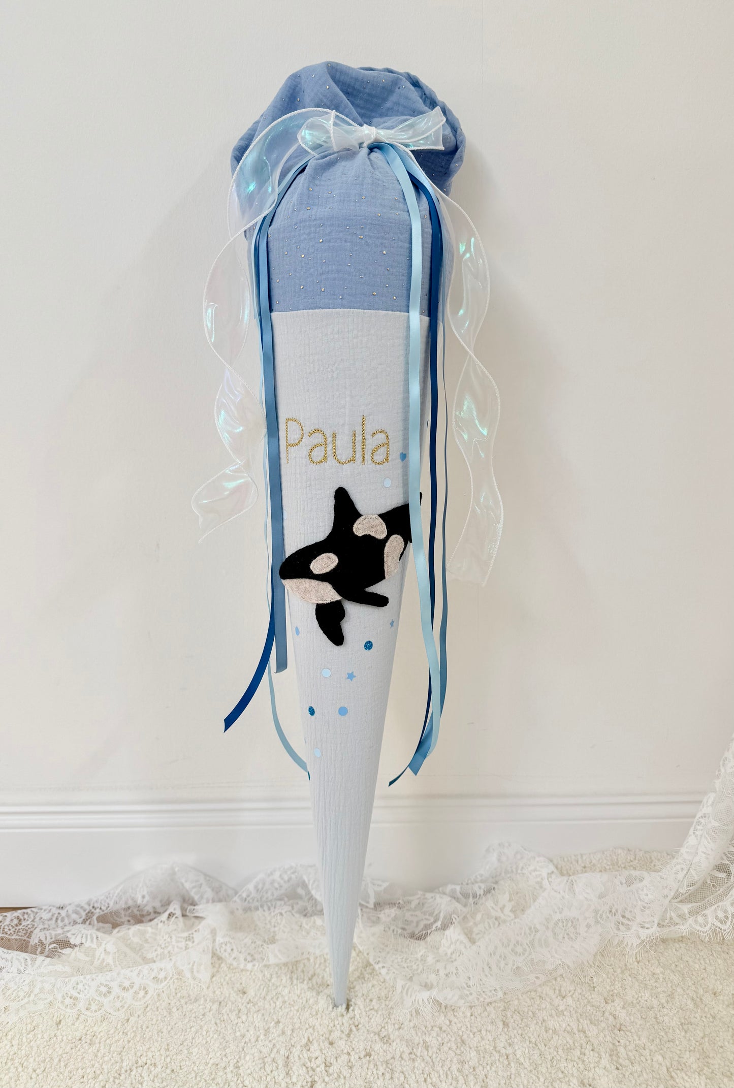 Musselin Schultüte 70 cm, – personalisiert inkl. Rohling optional mit Inlett Kissen | Schultüte aus Stoff
