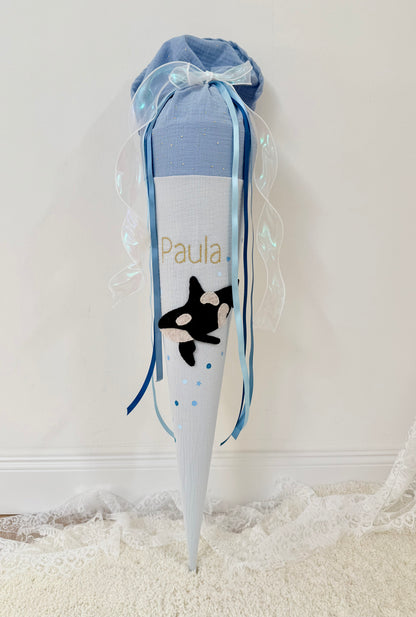 Musselin Schultüte 70 cm, – personalisiert inkl. Rohling optional mit Inlett Kissen | Schultüte aus Stoff