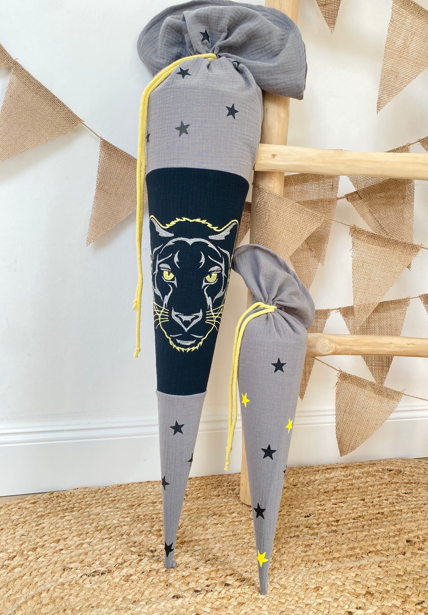 Musselin Schultüte Panther 70 cm | Geschwistertüte 35 cm | Kissen Inlett