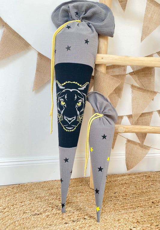 Musselin Schultüte Panther 70 cm | Geschwistertüte 35 cm | Kissen Inlett