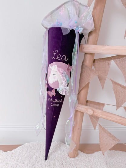 Musselin Schultüte für Mädchen 70cm, Einhorn mit Schmetterlingen – personalisiert inkl. Rohling optional mit Inlett Kissen | Schultüte aus Stoff
