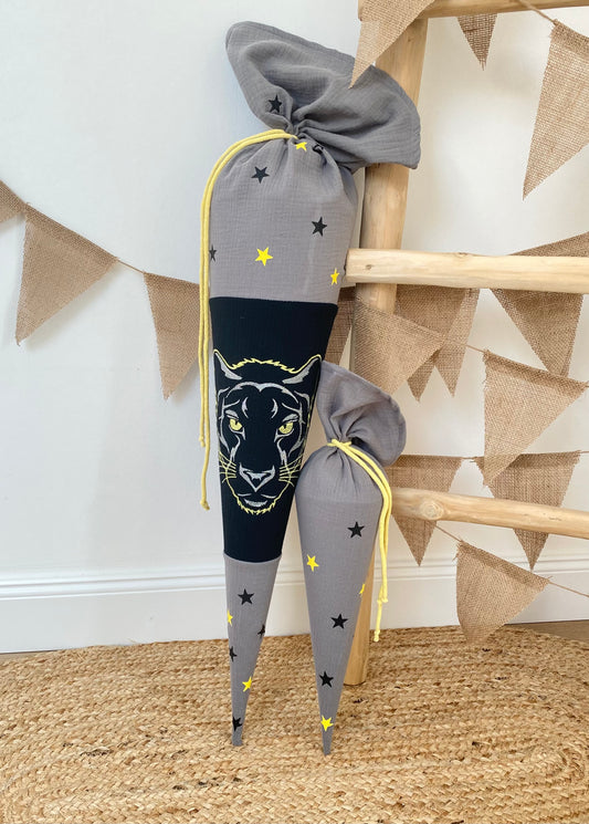 Musselin Schultüte Panther 70 cm | Geschwistertüte 35 cm | Kissen Inlett