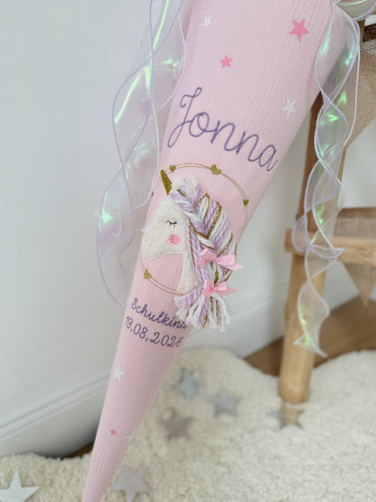 Musselin Schultüte für Mädchen Wuschelkopf Einhorn  – personalisiert inkl. Rohling optional mit Inlett Kissen | Schultüte aus Stoff