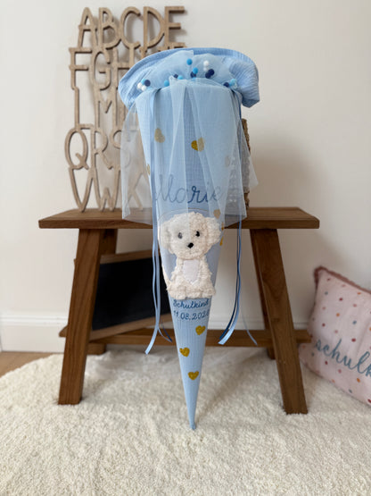 Musselin Schultüte 70 cm Blau für Mädchen mit Pompon-Tüllschleife, weißer Hund, Welpe zur Einschulung - optional mit Kisseninlett