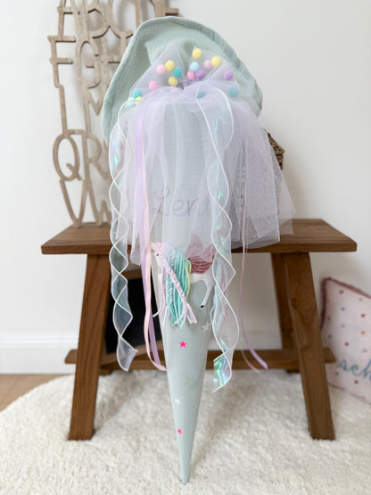 Pompon-Tüllschleife Rosa für Schultüten ab 70 cm & 35 cm, Schleife für Schultüten Kita- und Geschwistertüten