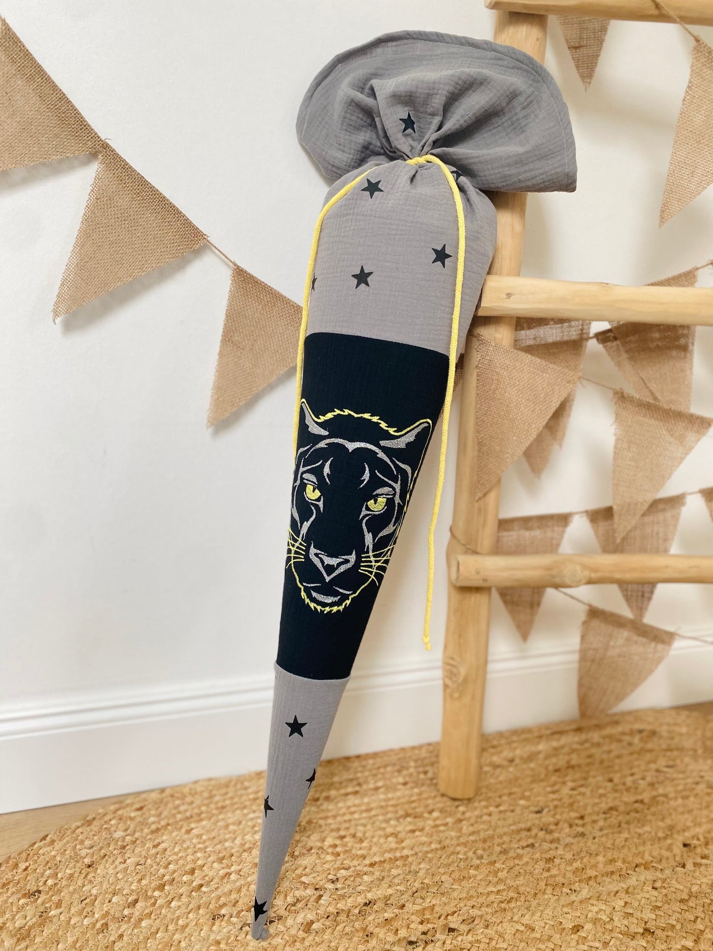 Musselin Schultüte Panther 70 cm | Geschwistertüte 35 cm | Kissen Inlett