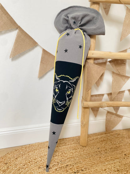 Musselin Schultüte Panther 70 cm | Geschwistertüte 35 cm | Kissen Inlett