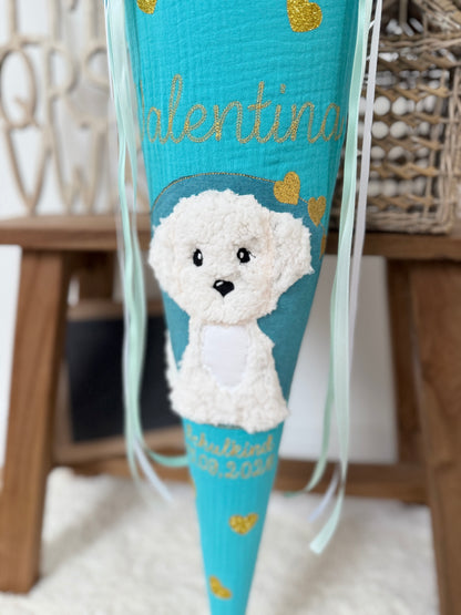 Musselin Schultüte 70 cm Türkis weißer Hund, Welpe zur Einschulung für Mädchen, optional mit Pompon-Tüllschleife und Kisseninlett