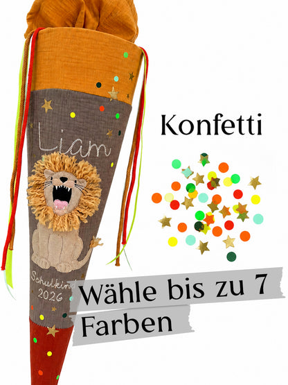 Dein Design Musselin Schultüte Löwe 70 cm, personalisiert- optional mit Kissen