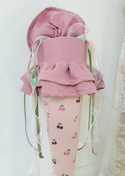 Musselin Schultüte Kirsche mit Rüsche für Mädchen 70cm, inklusive Rohling, optional mit Inlett Kissen | Schultüte aus Stoff
