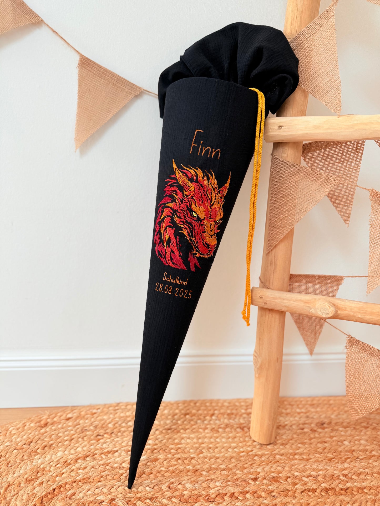 Musselin Schultüte 70 cm | Feuerdrache Drache | Kissen Inlett