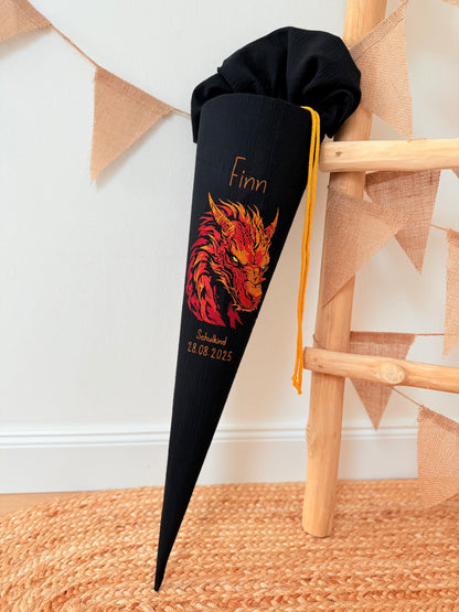 Musselin Schultüte 70 cm | Feuerdrache Drache | Kissen Inlett
