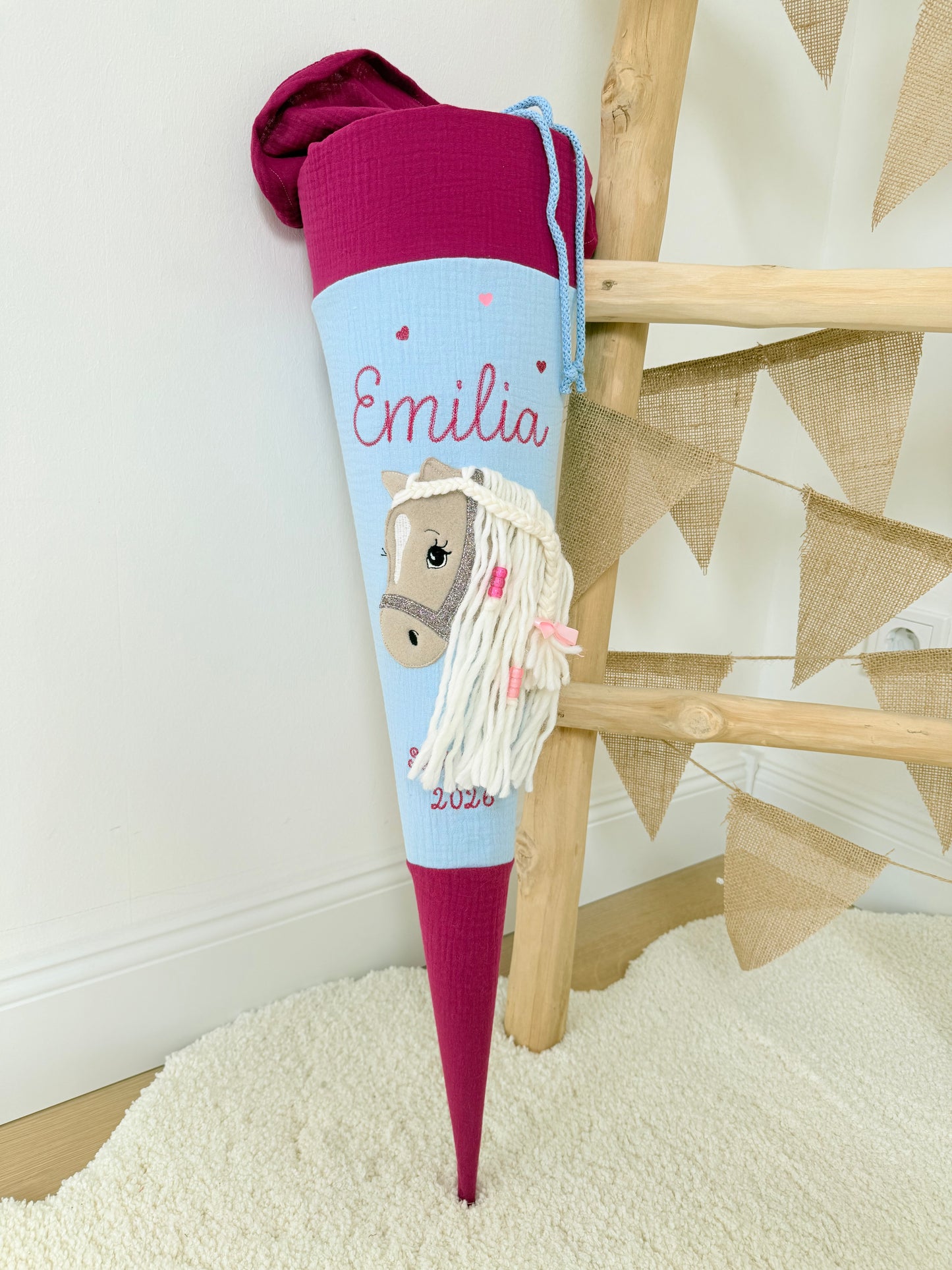 Musselin Schultüte für Mädchen mit Pferd | Haflinger – personalisiert inkl. Rohling optional mit Inlett Kissen | Schultüte aus Stoff
