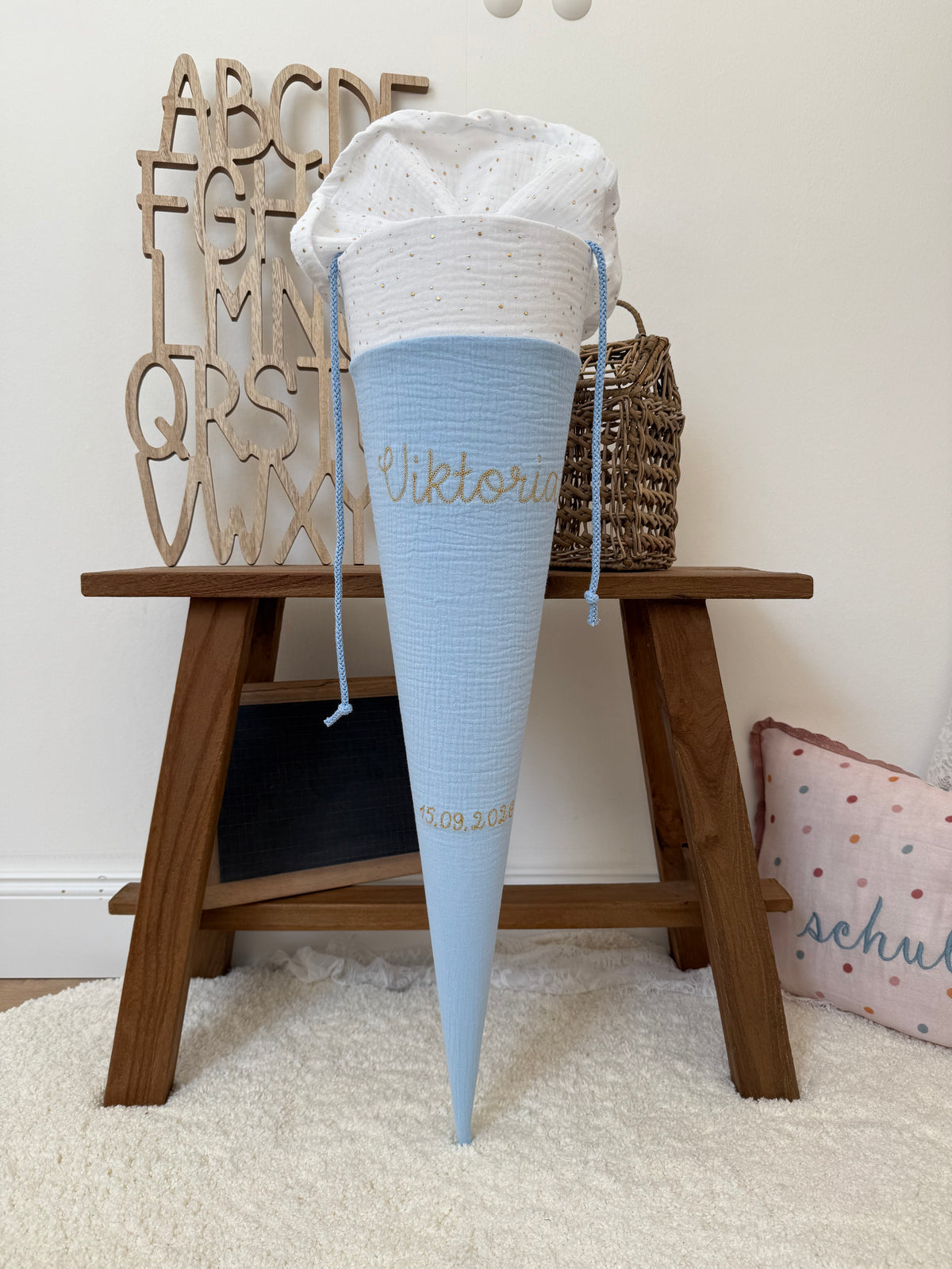 ✨ BESTSELLER ✨ Basic Musselin Schultüte 70 cm – personalisierbar, individuelle Farbauswahl, goldene Punkte, für Jungen und Mädchen