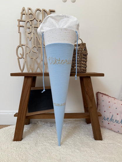 ✨ BESTSELLER ✨ Basic Musselin Schultüte 70 cm – personalisierbar, individuelle Farbauswahl, goldene Punkte, für Jungen und Mädchen