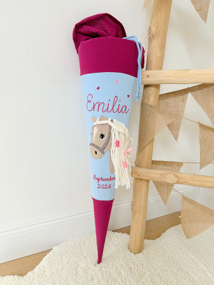 Musselin Schultüte für Mädchen mit Pferd | Haflinger – personalisiert inkl. Rohling optional mit Inlett Kissen | Schultüte aus Stoff
