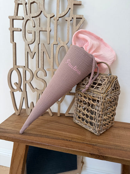 Kleine Musselin Stoffschultüte 35 cm – Kita- & Geschwistertüte, individuelle Farbwahl, personalisierbar, goldene Punkte für Jungen und Mädchen (Kopie)