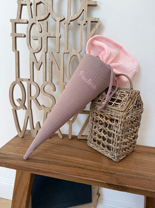 Kleine Musselin Stoffschultüte 35 cm – Kita- & Geschwistertüte, individuelle Farbwahl, personalisierbar, goldene Punkte für Jungen und Mädchen (Kopie)