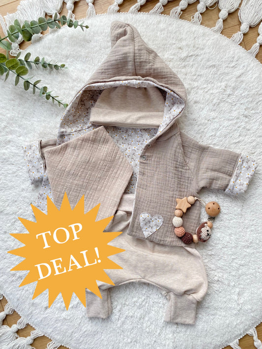 Top Deal! | Komplettes Outfit | Musselinjacke | Knotenmütze | Halstuch | Hose