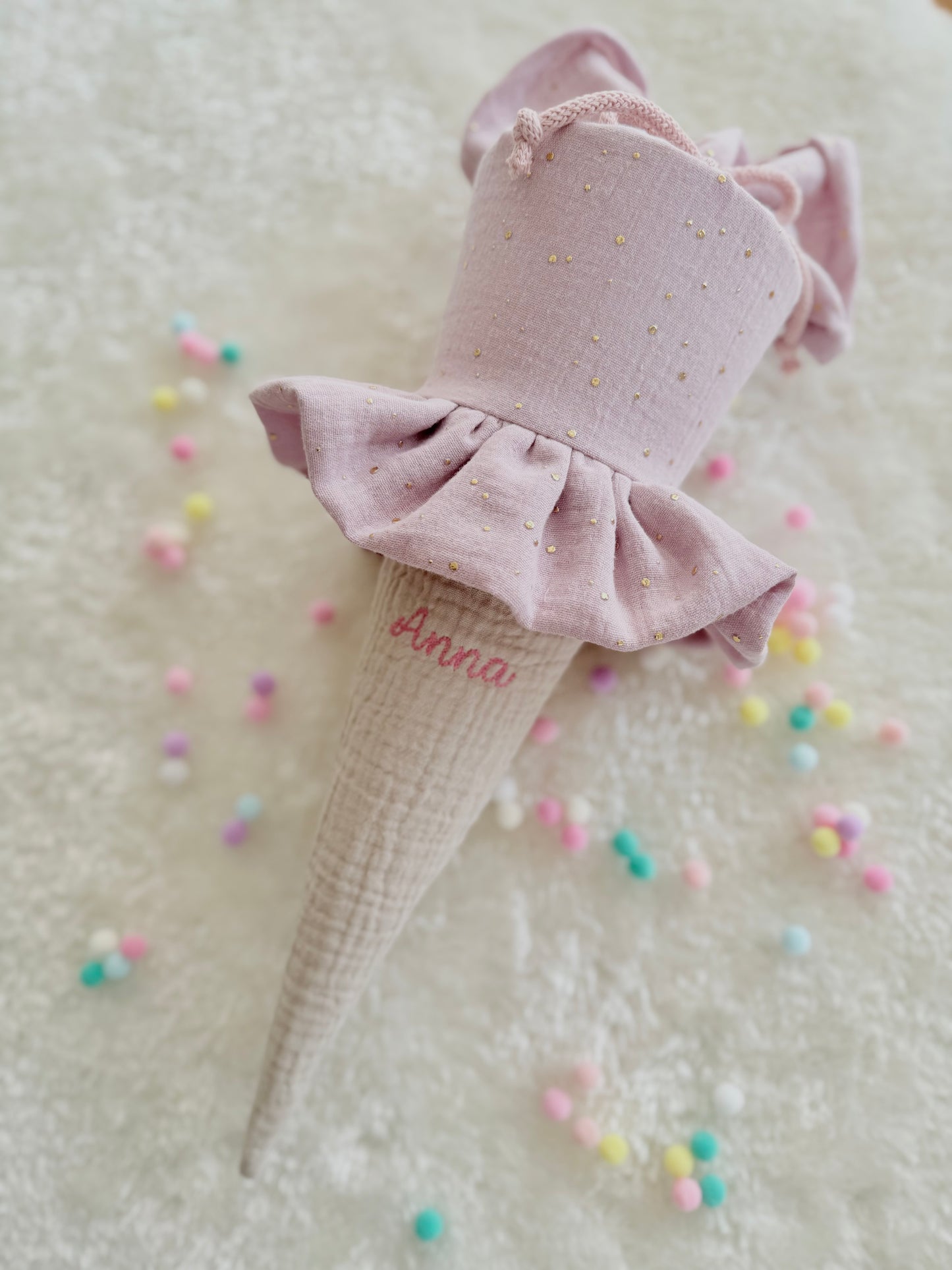 Dein Design | Vintage Musselin Schultüte mit Rüsche 70 cm | goldene Punkte/Unifarben | Vorname