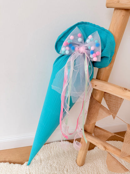 Rosa/Mint Tüllschleife - Pompon Schleife für Schultüte (70 cm), Kita- & Geschwistertüten (35 cm)