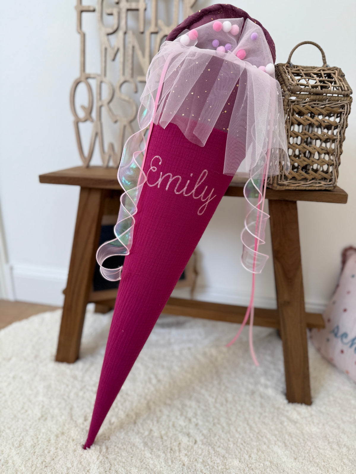 ✨ BESTSELLER ✨ Basic Musselin Schultüte 70 cm – personalisierbar, individuelle Farbauswahl, goldene Punkte, für Jungen und Mädchen