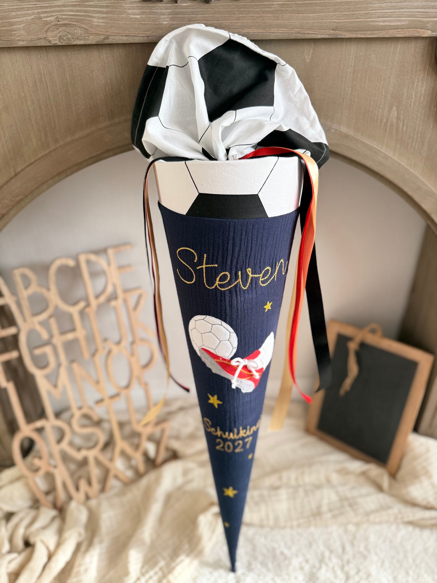 Musselin Schultüte 70 cm für Jungen, Fußball Schultüte - optional mit Inlettkissen, Schultüte aus Stoff