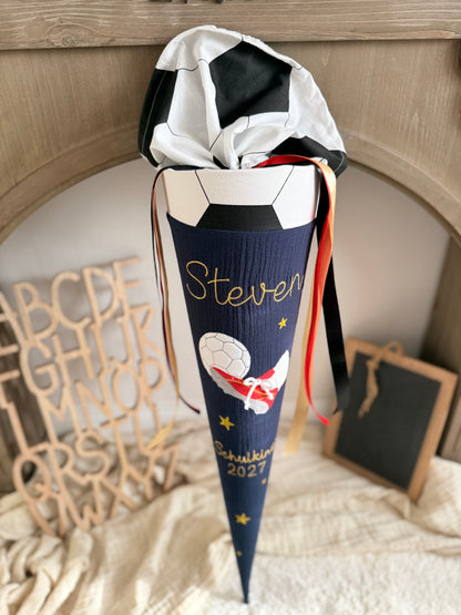 Musselin Schultüte 70 cm für Jungen, Fußball Schultüte - optional mit Inlettkissen, Schultüte aus Stoff