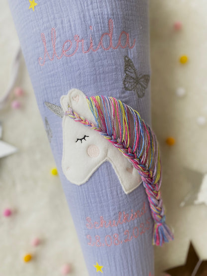 Musselin Schultüte 70 cm | Soft Dezent Pastel | Einhorn Glitzer Regenbogen Mähne | Kissen Inlett