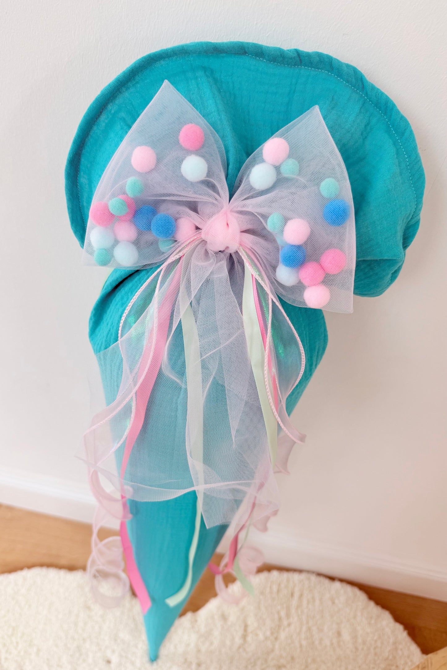 Rosa/Mint Tüllschleife - Pompon Schleife für Schultüte (70 cm), Kita- & Geschwistertüten (35 cm)